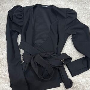 Zara Black Wrap Top with Puff Sleeves